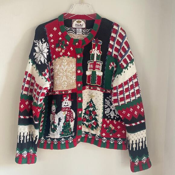 Vintage Christmas Tiara Cardigan Chunky Ugly Sweater XL Snowman Tree Cabincore - Picture 10 of 10